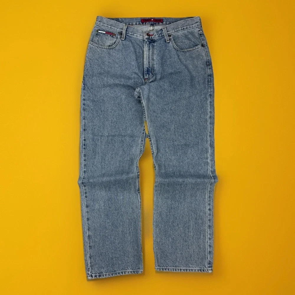 Vintage Tommy Hilfiger Jeans Men 33x30 Blue Flag Patch‎ Embroiderd Logo Y2K